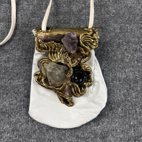 Vintage Carvalhus Crossbody Bag White Brass Crystal Amethyst Quartz Boho Artisan - Picture 2 of 11